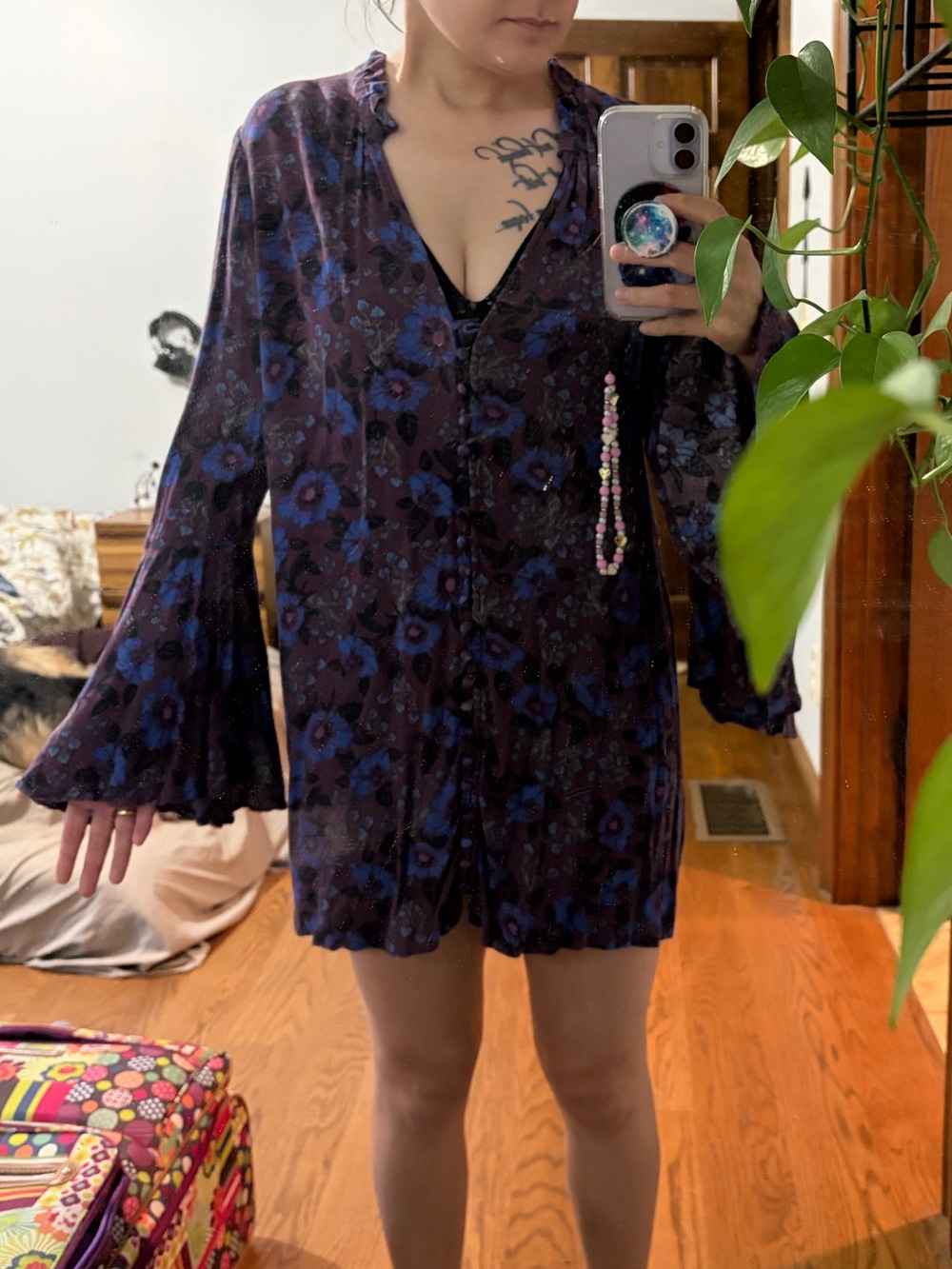 Free People Purple Floral Bell Sleeve Tunic Dress